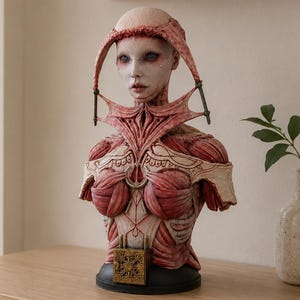 May include: A detailed bust sculpture of a pale, humanoid figure with exposed muscle-like textures in shades of pink and red. The figure features a headpiece, a decorative collar, and a gold-toned square puzzle box attached to the base.