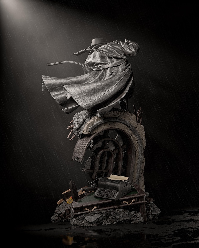 May include: A detailed statue of a figure in a long coat and hat, standing atop a crumbling structure with a vintage typewriter. The statue is dark gray, with a dramatic pose and flowing coat. The background is a dark, rainy scene.