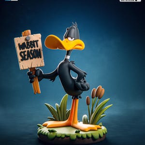 May include: A Daffy Duck figurine holding a sign that reads "Wabbit Season." The black duck has an orange beak and feet, and is standing on a green base with grass and reeds. The background is a dark blue gradient.