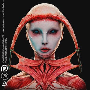 Może przedstawiać: Cyfrowe dzieło sztuki przedstawiające bladą postać z przenikliwymi niebieskimi oczami i czerwonymi detalami. Obraz prezentuje inspirowany anatomią projekt ze skomplikowanymi detalami i surrealistyczną estetyką. Postać ma łysą głowę i jest ozdobiona czerwonymi, mięsistymi przydatkami.