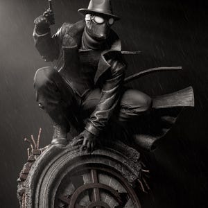 May include: A black and white statue of a character in a fedora, goggles, and a long coat, holding a gun. The figure is crouched on a stone structure with a broken window, with rain falling in the background.