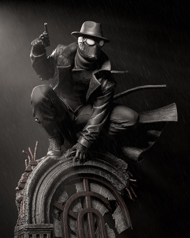 May include: A black and white statue of a character in a fedora, goggles, and a long coat, holding a gun. The figure is crouched on a stone structure with a broken window, with rain falling in the background.