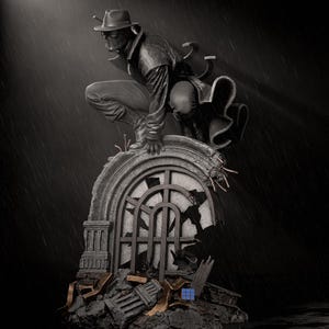May include: A black and white statue of a figure in a hat and long coat, crouching on a broken stone structure. The figure is wearing a mask and appears to be looking down. The background is dark with rain.