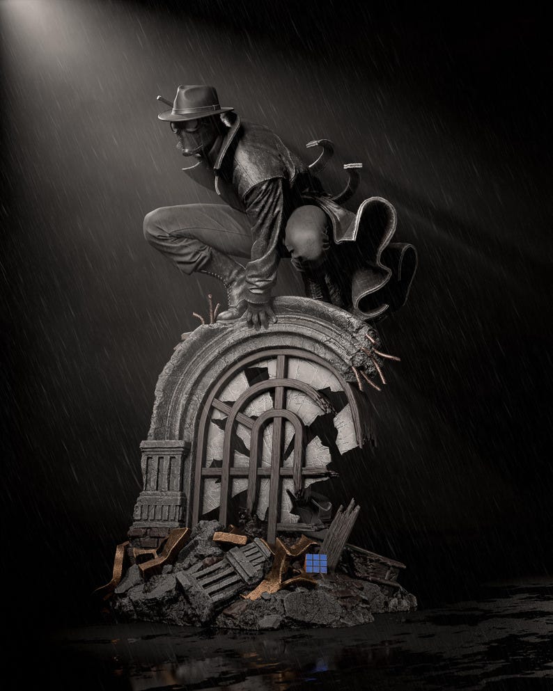 May include: A black and white statue of a figure in a hat and long coat, crouching on a broken stone structure. The figure is wearing a mask and appears to be looking down. The background is dark with rain.