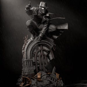 May include: A black and white statue of a character in a fedora, trench coat, and mask, holding a gun. The figure is crouched on a crumbling stone structure, with rain falling in the background. The statue has a vintage, noir aesthetic.