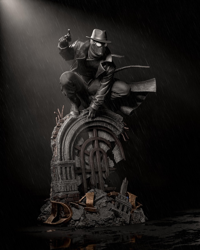 May include: A black and white statue of a character in a fedora, trench coat, and mask, holding a gun. The figure is crouched on a crumbling stone structure, with rain falling in the background. The statue has a vintage, noir aesthetic.
