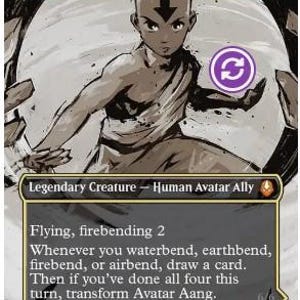 May include: A Magic: The Gathering trading card titled Avatar Aang, featuring a stylized illustration of a bald character with a blue arrow tattoo. The card text includes Flying, firebending 2, and instructions to draw a card when bending.