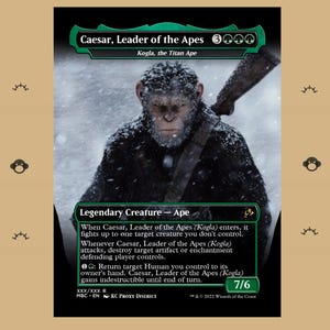 May include: A trading card featuring an illustration of a dark-furred ape in a snowy environment with a rifle slung over its shoulder. The card is titled Caesar, Leader of the Apes, with green text, game rules, and a power and toughness rating of 7/6.