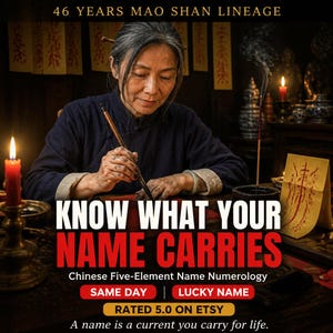 Può includere: Immagine di una donna che scrive con un pennello, con il testo "KNOW WHAT YOUR NAME CARRIES". L'immagine include anche il testo "Chinese Five-Element Name Numerology" e "RATED 5.0 ON ETSY".