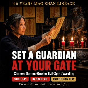 May include: A person holding a yellow paper talisman with red calligraphy. Text reads: 46 YEARS MAO SHAN LINEAGE, SET A GUARDIAN AT YOUR GATE, Chinese Demon-Queller Evil-Spirit Warding, SAME DAY, BANISH EVIL, RATED 5.0 ON ETSY, The one demon that even demons fear.