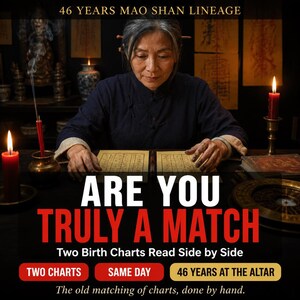 Op de afbeelding: Een persoon leest twee geboortehoroscopen naast elkaar met de tekst 46 YEARS MAO SHAN LINEAGE, ARE YOU TRULY A MATCH, Two Birth Charts Read Side by Side, TWO CHARTS, SAME DAY, 46 YEARS AT THE ALTAR, en The old matching of charts, done by hand.