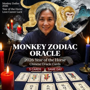 May include: An image of a woman with a golden monkey illustration, candles, and oracle cards. The text reads "Monkey Zodiac Oracle 2026 Year of the Horse Chinese Oracle Cards". The cards are laid out on a blue surface.