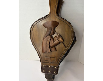 Vintage Hand Carved Wood Fireplace Bellows Andean Llama Folk Art Leather Brass