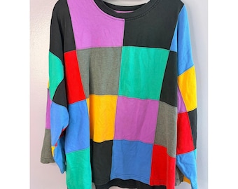 90s Vintage Colorblock Patchwork Sweatshirt Multicolor Oversized Harajuku Large