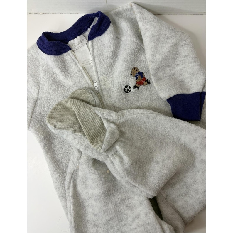 Vintage Carters Fleece Footed Sleeper Pajamas Gray Blue Soccer Bear 18M image 1