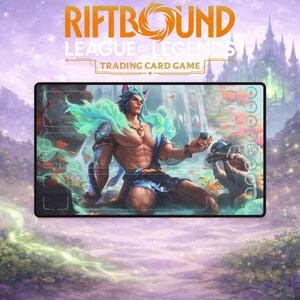 May include: A Riftbound League of Legends trading card game playmat. The mat features a muscular character with blue hair and a teal and green aura. The background shows a fantasy landscape with a castle.