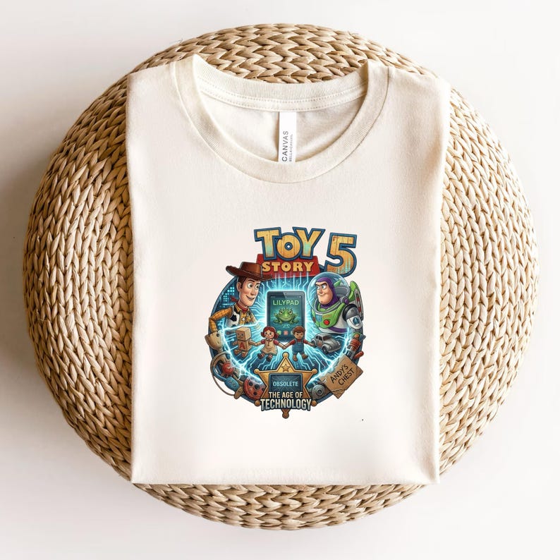 May include: Cream-colored t-shirt featuring a colorful graphic from Toy Story 5. The design includes Woody, Buzz Lightyear, and other characters, with the text "LILYPAD" and "THE AGE OF TECHNOLOGY". The shirt is folded on a woven surface.