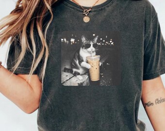 Comfort Colors® Cat Drinking Iced Coffee Shirt | Funny Animal Meme Tee | Coffee Lover Cat Shirt | Unisex Graphic T Shirt