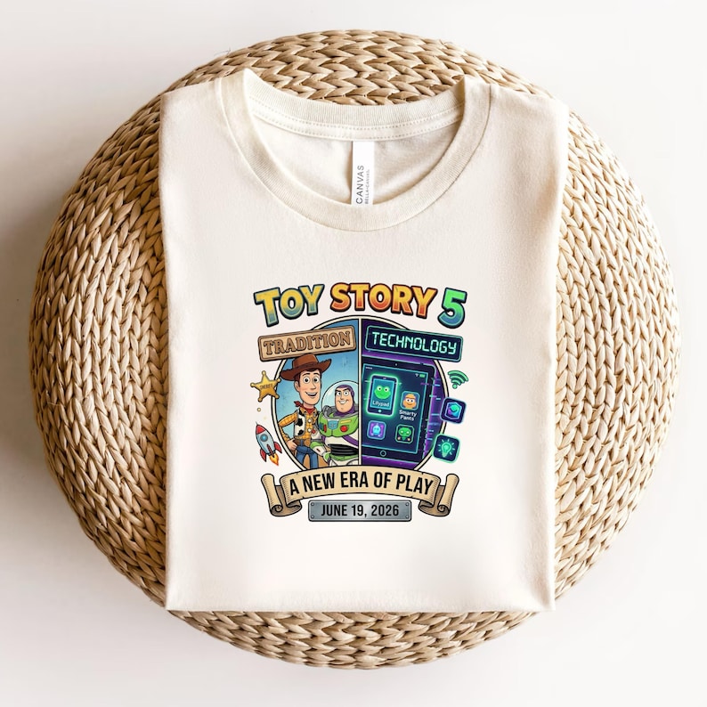 May include: Cream-colored t-shirt featuring a colorful graphic for "Toy Story 5." The design includes Woody and Buzz Lightyear, a tablet with app icons, and the text "A New Era of Play, June 19, 2026."