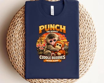 Punch The Monkey Shirt | Cuddle Buddies Never Alone Tee | Viral Japanese Baby Monkey Graphic T Shirt | Emotional Support Gift