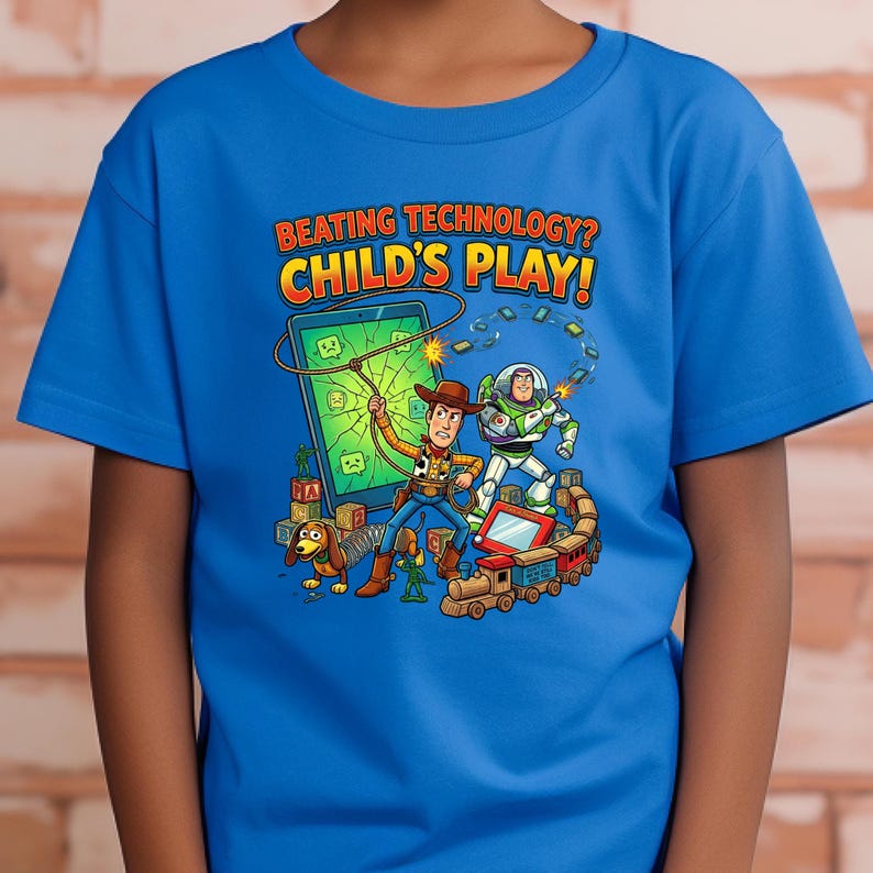 May include: A blue t-shirt featuring a colorful graphic with the text "BEATING TECHNOLOGY? CHILD'S PLAY!". The graphic includes cartoon characters Woody, Buzz Lightyear, a dachshund, and a toy train.