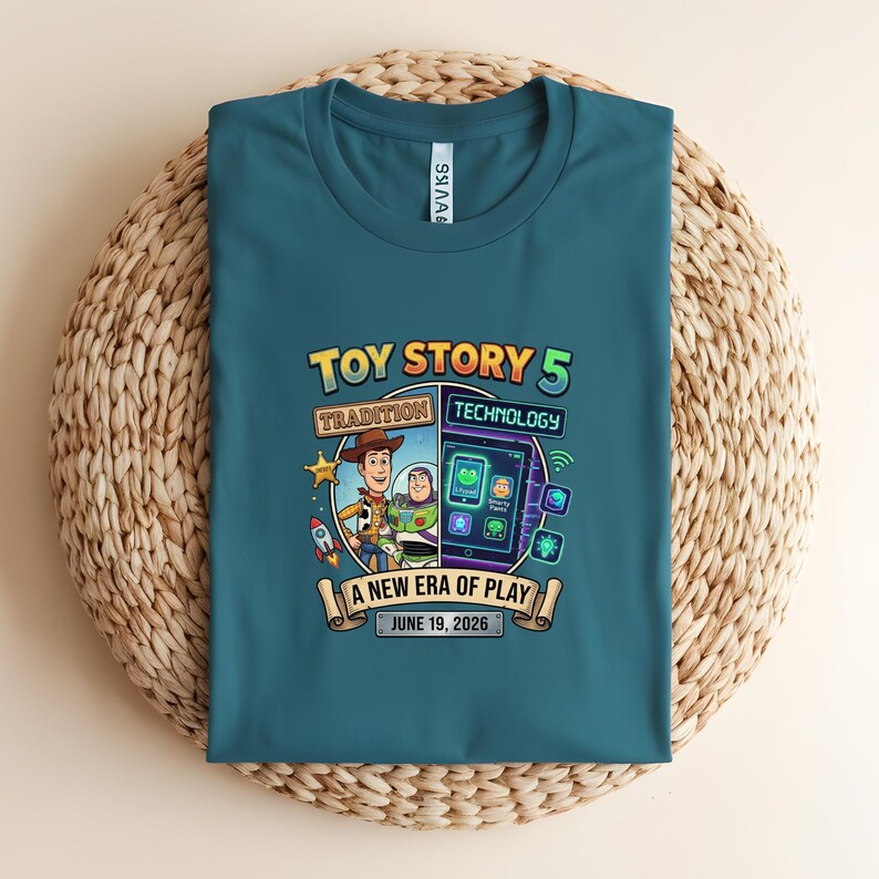 May include: Teal t-shirt featuring a graphic from Toy Story 5. The design includes Woody and Buzz Lightyear, with the text "Toy Story 5," "Tradition," "Technology," and "A New Era of Play." The date "June 19, 2026" is also displayed.