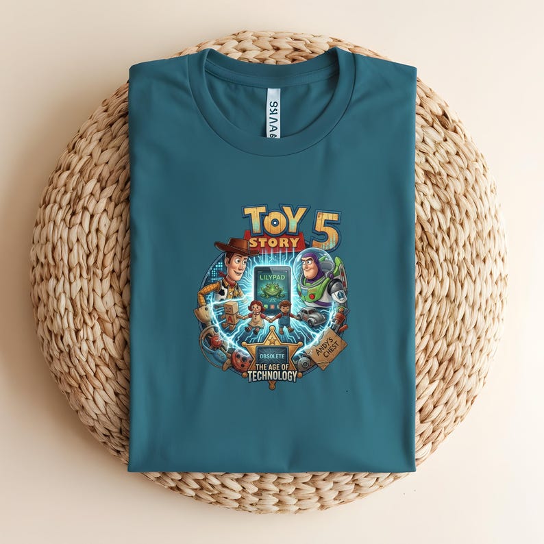 May include: Teal-colored t-shirt featuring a graphic from the movie "Toy Story 5." The design includes Woody, Buzz Lightyear, and other characters, with the text "TOY STORY 5" and "OBSOLETE THE AGE OF TECHNOLOGY."