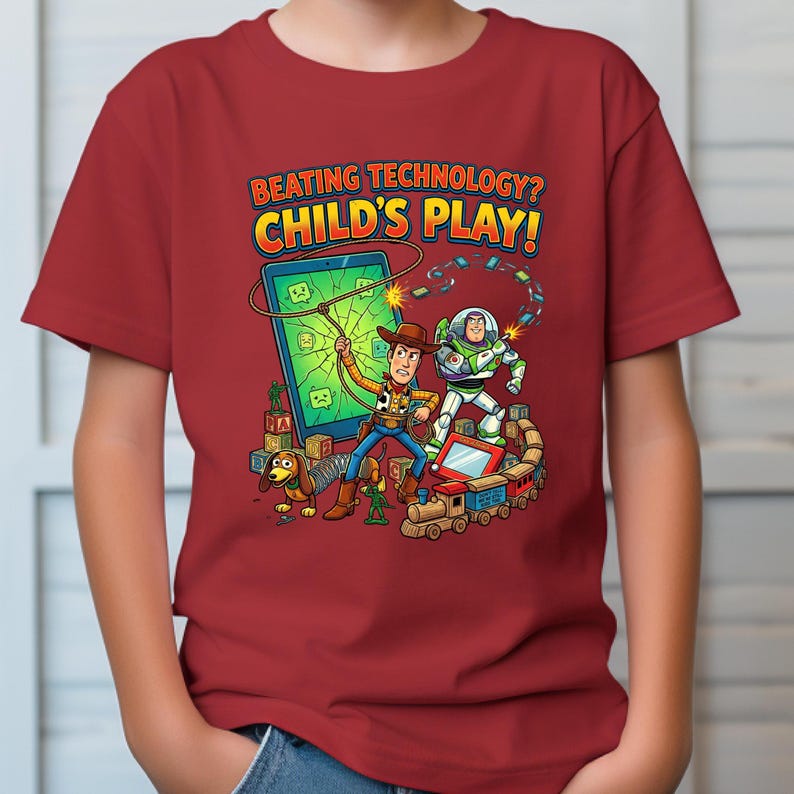 May include: A red t-shirt featuring a colorful graphic with the text "BEATING TECHNOLOGY? CHILD'S PLAY!". The design includes cartoon characters, a smartphone, and a toy train.