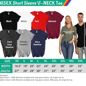 May include: A display of unisex short sleeve V-neck tees in various colors, including black, white, red, and maroon. The image also shows size and fabrication details, with width and length measurements in inches. A man and woman model the shirts.