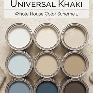 May include: Nine open paint cans with various shades of neutral and blue colors. The text "Sherwin Williams UNIVERSAL KHAKI Whole House Color Scheme 2" is displayed at the top of the image.