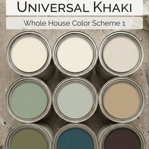 May include: Nine open paint cans with various colors, including off-white, green, blue, and brown. The text "Sherwin-Williams" and "UNIVERSAL KHAKI Whole House Color Scheme 1" are visible above the cans.