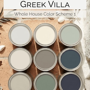 May include: Nine open paint cans with various colors, arranged in a grid, showcasing the "Greek Villa" whole house color scheme from Sherwin Williams. The colors range from light neutrals to deep blues and greens, perfect for home decor.