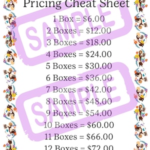 May include: A white sheet with the text "Pricing Cheat Sheet" and pricing for 1 to 12 boxes. The sheet has a decorative border with cartoon ferrets and flowers. A large purple "SAMPLE" stamp is across the center.