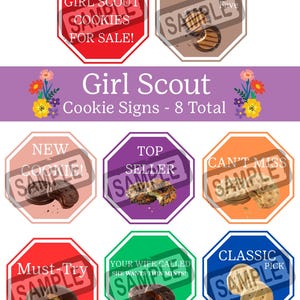 Puede incluir: Un conjunto de ocho letreros de galletas Girl Scout con varios sabores y descripciones. Cada letrero tiene un color y forma diferentes, con texto como "Girl Scout Cookies For Sale!" y "Must-Try". Los letreros presentan imágenes de las galletas.