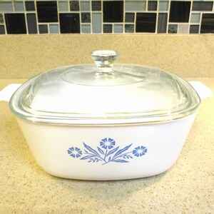 May include: White casserole dish with a clear glass lid and a clear glass knob. The dish has a blue floral design on the front. The dish is sitting on a beige countertop.