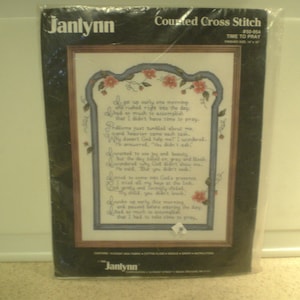 Janlynn Counted Cross Stitch &quot;Time to Pray&quot; Sampler Kit Vintage 1980s, NOS, 14&quot; by 18&quot;
