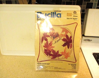 Bucilla Crewel Embroidery Pillow Kit "Rustic Landscape" Vintage 1980s Unopened, Complete