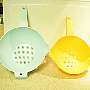 2 Tupperware Colanders, Strainers, 2 Qt Turquoise and 1 Qt Yellow Vintage 1970s
