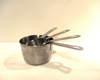 4 Piece Stainless Steel Measuring Cup Set, Vintage 1990s, Kitchen Gadgets