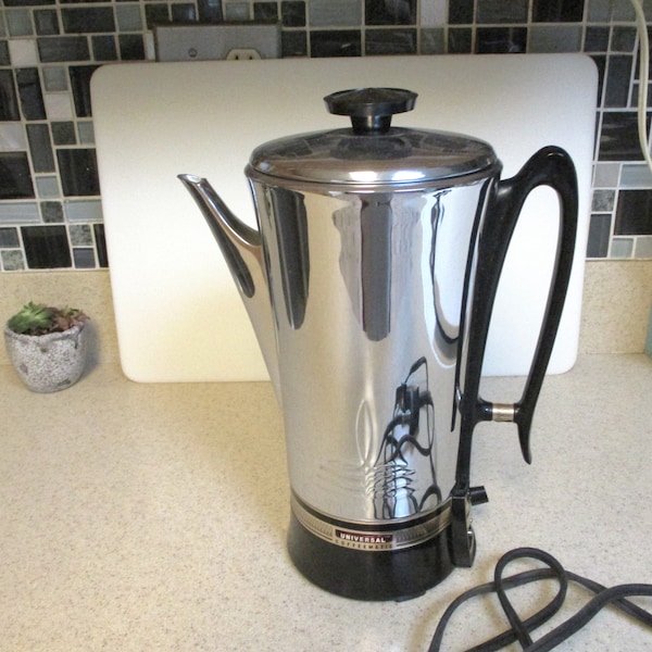 Universal Coffeematic Chrome Electric Percolator Coffee Pot Vintage 1950s Landers Frary Clark, Made in USA