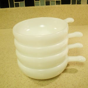 4 Glasbake Milk White Handled Soup Bowls Vintage 1970s 6 oz Stacking Bowls
