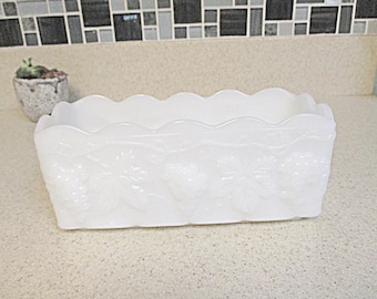 Anchor Hocking Fire King Milk Glass Harvest Grapes Rectangular Planter Vintage 1960s
