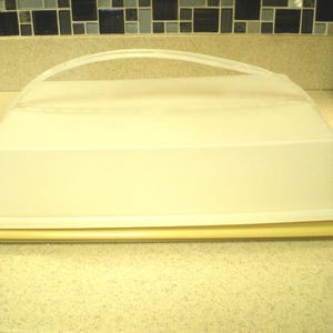 May include: A rectangular, off-white plastic cake carrier with a clear, arched handle. The base is a pale yellow, and the lid is translucent. The carrier is designed to hold and transport baked goods.