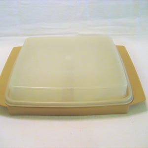 May include: A beige plastic serving tray with a clear lid. The tray has a rectangular shape and is designed for serving food.