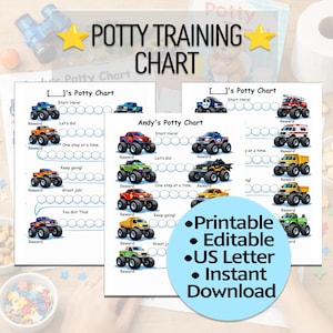 Puede incluir: Gráfico de entrenamiento para ir al baño con ilustraciones de camiones monstruo coloridos. El gráfico incluye el texto "Potty Training Chart" y "Printable, Editable, US Letter, Instant Download."