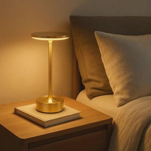Peut inclure: Une lampe de chevet dorée avec un abat-jour et une base circulaires, posée sur une table de chevet en bois. Le design de la lampe est minimaliste et moderne. La lampe est à côté d'un lit avec des oreillers. La lampe fournit un éclairage ambiant doux.