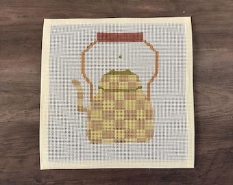 Lienzo para tapicería con diseño de tetera marrón - Pintado a mano - Malla de 12 o 14