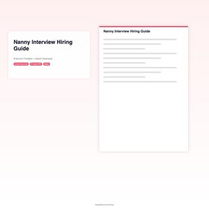 May include: A digital document titled "Nanny Interview Hiring Guide" is displayed on a light pink background. The guide is a premium printable and instant download. The document includes a list of questions and answers.