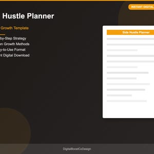Puede incluir: Un planificador digital de ingresos complementarios con un diseño negro y naranja. El planificador incluye una estrategia paso a paso, métodos de crecimiento probados y un formato listo para usar. El texto "Descarga digital instantánea" también es visible.