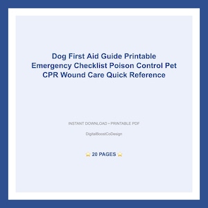 Puede incluir: Una guía imprimible de primeros auxilios para perros con el texto: Dog First Aid Guide Printable, Emergency Checklist Poison Control Pet, CPR Wound Care Quick Reference. La guía es una descarga instantánea y tiene 20 páginas.